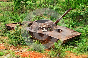 The remains of a bombed out Russian tank in northern Loas