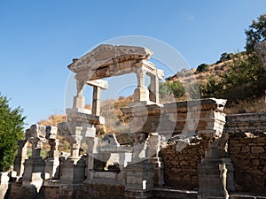 Remains of a Building with Carved Pillars and Tympanum in Ephesus Turkey