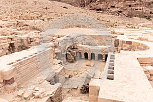 Remains of buildings in Roman part in Nabatean Kingdom of Petra in Wadi Musa city in Jordan