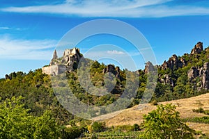 The remains of Burgruine Durnstein medieval castle overlook the Danube river and the picturesque Wachau Valley. Austria