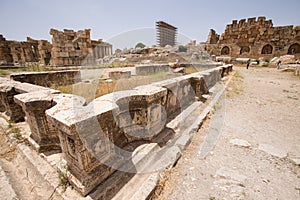 Remains of the Byzantine Basilica inside the Great Court. The ruins of the Roman city of Heliopolis or Baalbek in the Beqaa Valley