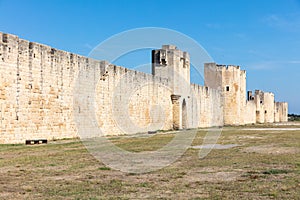 City wall of Aigues Mortes, land of Camargue and Provence, medieval town and history, Le Gard, France