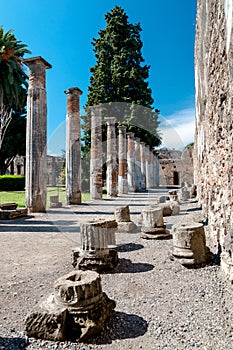 Remains of columns at the house of the faun in Pompeii Italy. Po