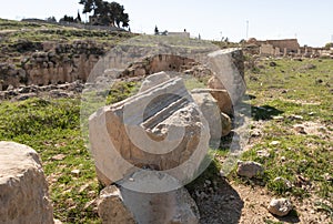Remains  of columns in the ruins of the outer part of the palace of King Herod - Herodion,in the Judean Desert, in Israel