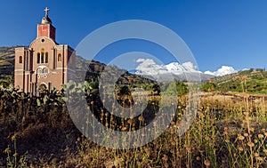 remains of the facade of the church of the old yungay destroyed by a flood with the huascaran mountain