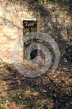 Remains of a facade with an opening on a field next to a stream of water in a park in the italian countryside