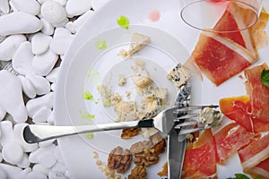 The remains of food on a plate with a knife and fork on a white stones background. Copy space.