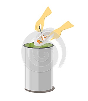 Remains of food waste are thrown into the bin, illustration isolated on white background