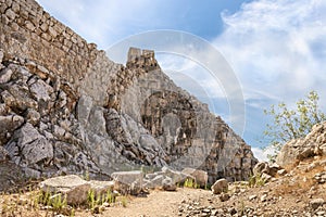 Remains of the fortress wall near the secret exit to the ruins of the medieval fortress of Nimrod - Qalaat al-Subeiba, located