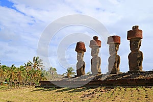 Remains of Huge Moai Statues of Ahu Nau Nau Ceremonial Platform on the Anakena Beach, Easter Island of Chile