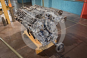 Remains of an old large V12 internal combustion engine from the Second World War, crashed and broken