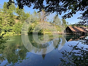 Remains of an old sawmill on the small dam of ÄŒogrljevo Lake in the mountain hamlet of TiÄ‡i - Gorski kotar, Croatia