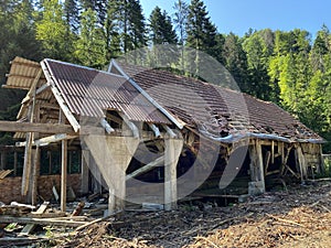 Remains of an old sawmill on the small dam of ÄŒogrljevo Lake in the mountain hamlet of TiÄ‡i - Gorski kotar, Croatia