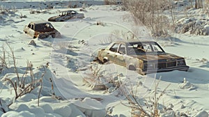 The remains of a once busy roadway now a surreal scene of deserted cars tered across a blanket of untouched snow