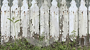 The remains of a picket fence enclose a desolate yard the peeling white paint a stark contrast to the overgrown weeds.