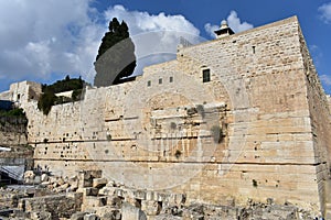 Remains of Robinson`s Arch along the western wall of the Temple Mount.