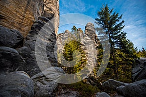 Remains of rock city in Adrspach Rocks, part of Adrspach-Teplice landscape park in Broumov Highlands region of Czech Republic. Aer