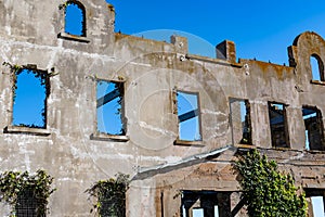 Remains of the ruined Wardens House in Alcatraz Island Prison San Francisco California. This is residence of the warden of the