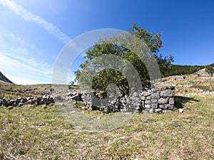 Remains of shepherd`s mountain drystone wall hut