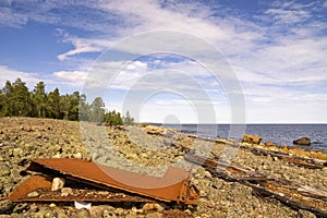 Remains of a ship on a rocky beach along the Bothnian Sea