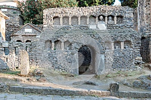 Remains of stone grave at necropoli of Pompeii, Italy photo