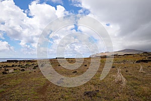 Remains of stone structures along the northern coast of Easter Island. Easter Island, Chile