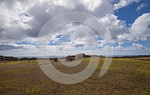 Remains of stone structures and the toppled moai Te Pito Kura along the northern coast of Easter Island. Easter Island, Chile