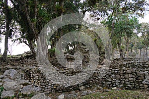 Remains of the stone walls believed to be residences or dwellings at the ancient city or archaeological site Kuelap , Peru