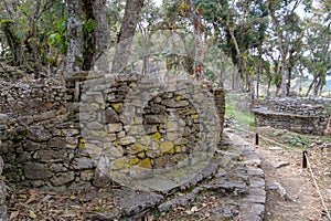 Remains of the stone walls believed to be residences or dwellings at the ancient city or archaeological site Kuelap , Peru