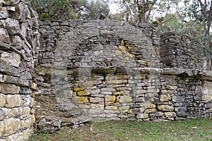 Remains of the stone walls believed to be residences or dwellings at the ancient city or archaeological site Kuelap , Peru