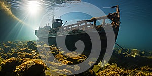 The remains of the sunken ship, its rusty casing are covered with sea growth, as if they merged photo