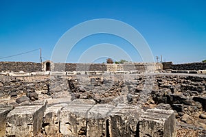 Remains of a Synagogue in the old fishing village Capernaum, Israel. Blue sky, sunny day