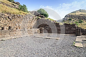 The remains of a synagogue in the ruins of the ancient Jewish city of Gamla on the Golan Heights destroyed by the armies of the Ro