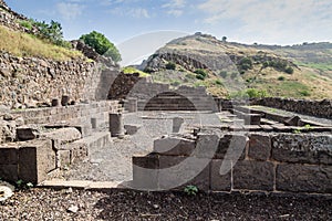 The remains of a synagogue in the ruins of the ancient Jewish city of Gamla on the Golan Heights destroyed by the armies of the Ro