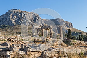 The remains of the Temple of Apollo in the archaeological site of Corinth in Peloponnese, Greece