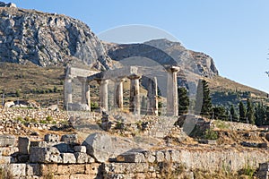 The remains of the Temple of Apollo in the archaeological site of Corinth in Peloponnese, Greece