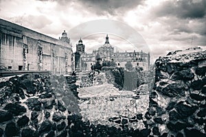 Black and white Templo Mayor of Tenochtitlan Showing Inside Building Mexico City CDMX photo