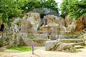 Remains of the tomb of Ildebranda in The Etruscan Necropolis of Sovana. Citta del Tufo archaeological park. Sorano, Sovana,