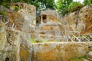 Remains of the tomb of Ildebranda in The Etruscan Necropolis of Sovana. Citta del Tufo archaeological park. Sorano, Sovana,