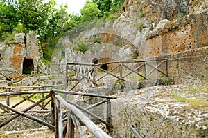 Remains of the tomb of Ildebranda in The Etruscan Necropolis of Sovana. Citta del Tufo archaeological park. Sorano, Sovana,