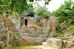 Remains of the tomb of Ildebranda in The Etruscan Necropolis of Sovana. Citta del Tufo archaeological park. Sorano, Sovana,