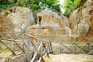 Remains of the tomb of Ildebranda in The Etruscan Necropolis of Sovana. Citta del Tufo archaeological park. Sorano, Sovana,