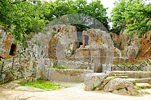 Remains of the tomb of Ildebranda in The Etruscan Necropolis of Sovana. Citta del Tufo archaeological park. Sorano, Sovana,