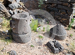 The remains of tools on the ruins of the ancient Jewish city of Gamla on the Golan Heights destroyed by the armies of the Roman Em