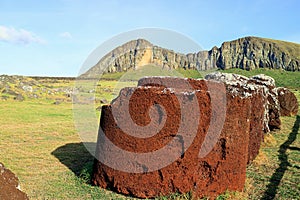 Remains of the Topknots or Hats of Moai Statues Made from Red Scoria Displaying on the Ground at Ahu Tongariki, Easter Island