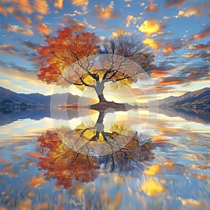 Remarkable landscape of colorful autumn Wanaka Tree reflection on Wanaka Lake