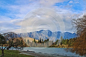Remarkables mountains and lake Wakatipu in Queenstown, New Zealand