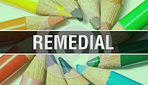 Remedial concept banner with texture from colorful items of education, science objects and 1 september School supplies. Remedial photo