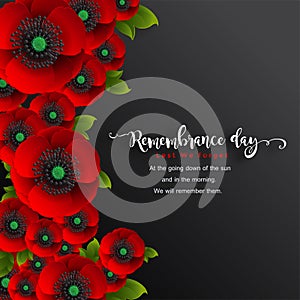 Remembrance day lest we forget. realistic red poppy flower international symbol of peace with paper cut art and craft style on col