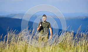 Always remember. man ready to fire. hunter. army forces. sniper reach target mountain. soldier in the field. polygon photo